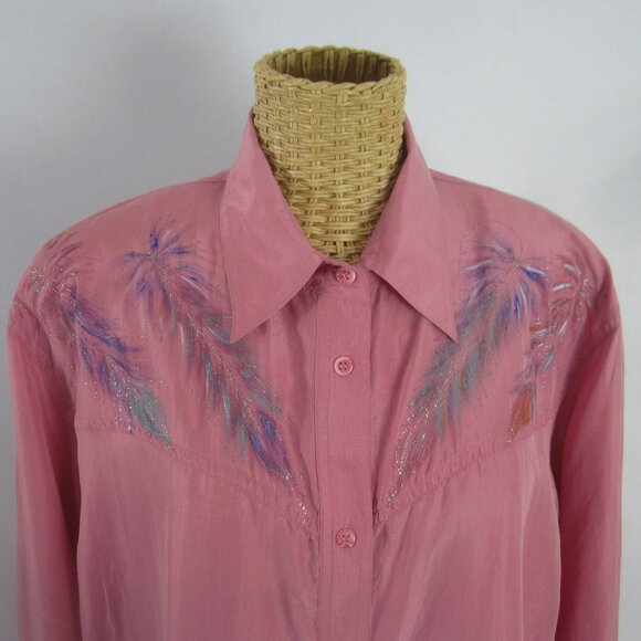 Wanted Tops - Vtg Wanted Women M Mauve Pink Painted Metallic LS Silk Western Cowboy Shirt